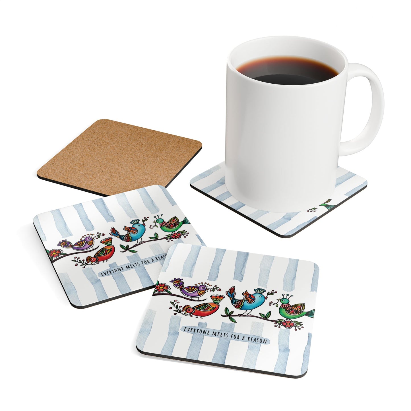 Everyone Meets for a Reason Blue | Cork Coaster Set - Rustic Home Decor & Drinkware Accessory