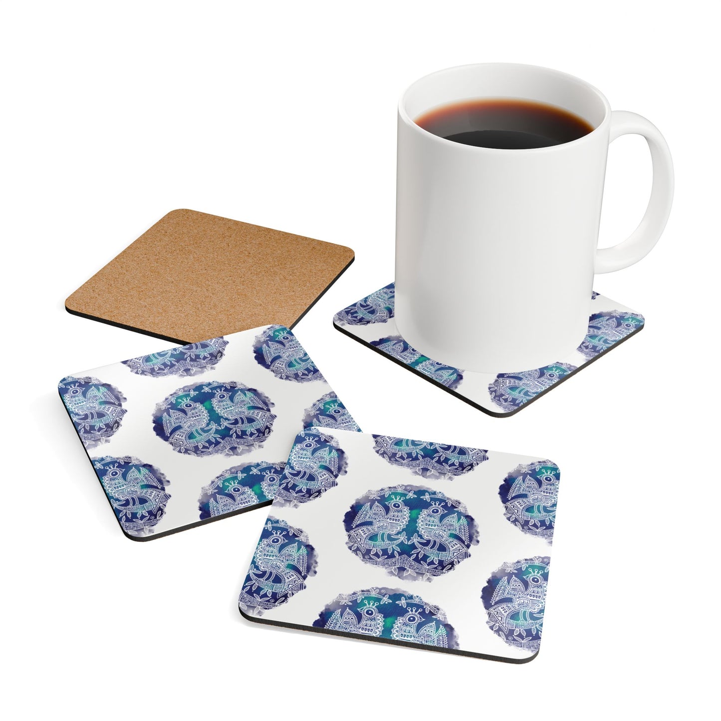 'Mayura' - Majestic Bird | Cork Coaster Set - Rustic Home Decor & Drinkware Accessory
