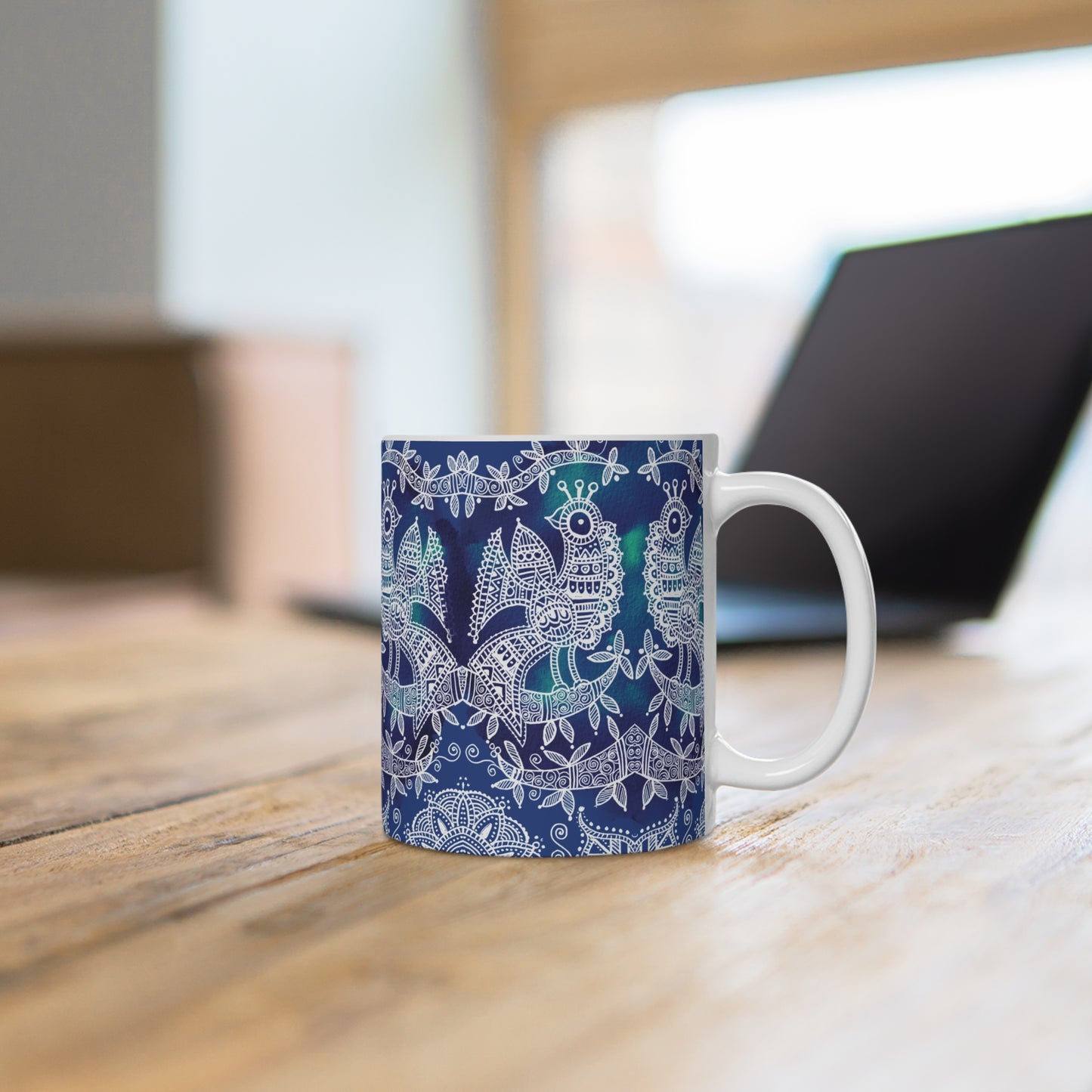 Colorful Artistic Ceramic Mug - 'Mayura Blues Majestic Birds'