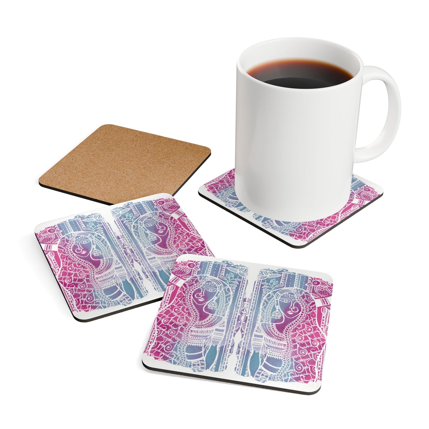 'Priyas Promise' - Madhubani Fusion| Cork Coaster Set - Rustic Home Decor & Drinkware Accessory