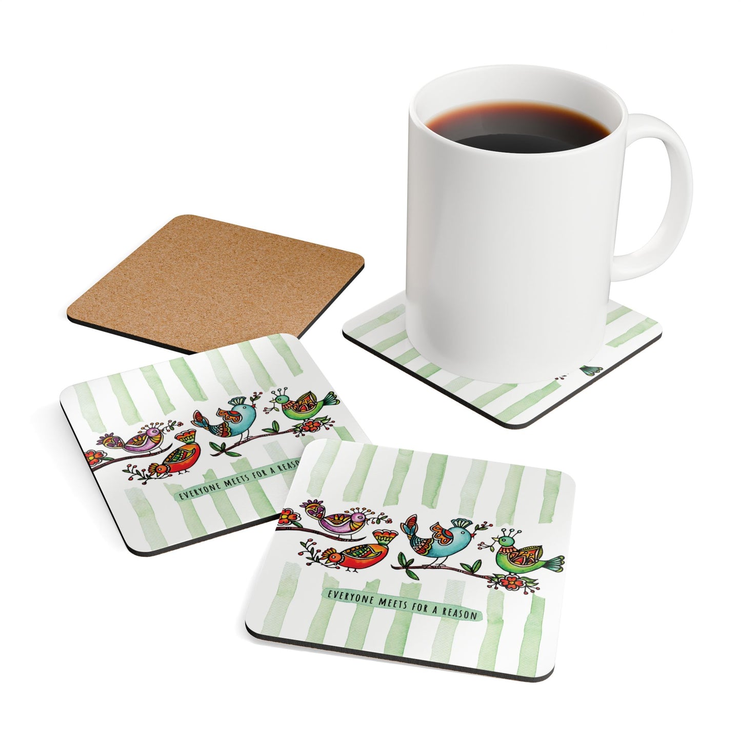 Everyone Meets for a Reason Green | Cork Coaster Set - Rustic Home Decor & Drinkware Accessory