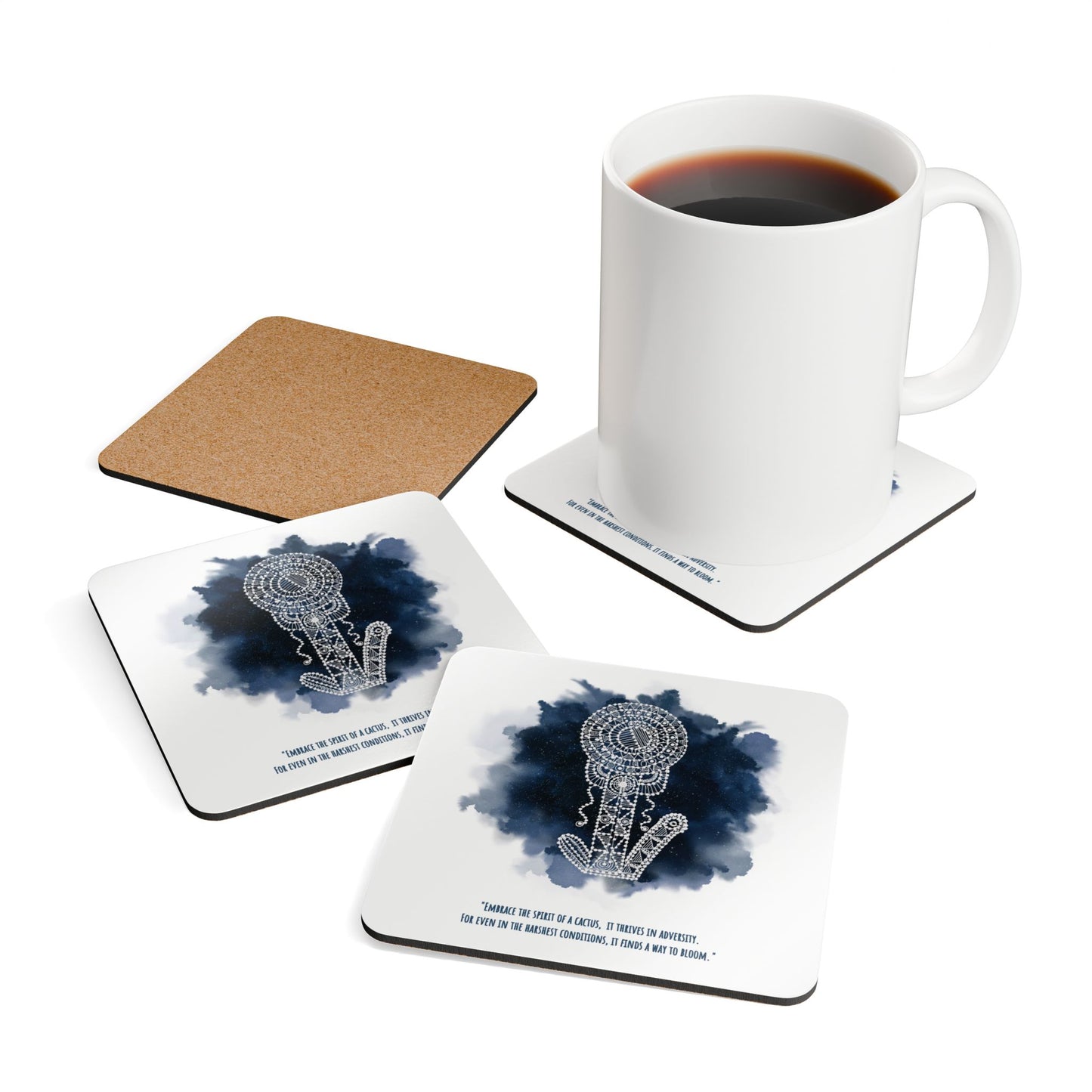 'Embrace the Spirit of a Cactus' Prussian Blue | Cork Coaster Set - Rustic Home Decor & Drinkware Accessory