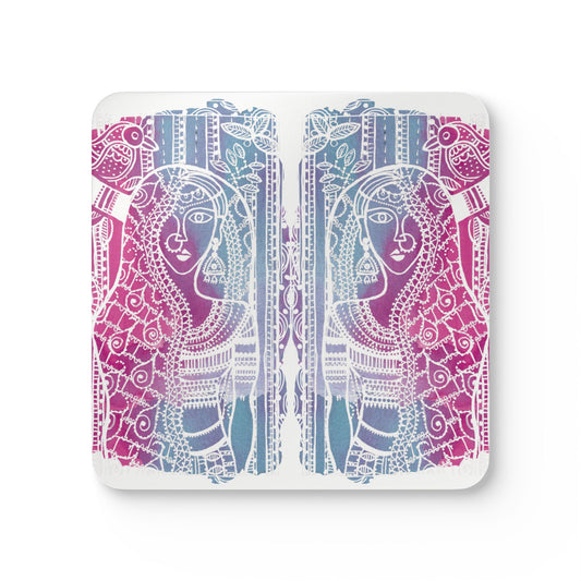 'Priyas Promise' - Madhubani Fusion|  Cork Coaster Set - Rustic Home Decor & Drinkware Accessory
