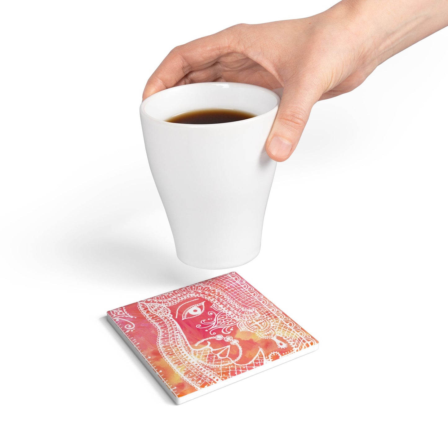 'Anayas Aura' - Madhubani Fusion |  Ceramic Coaster - Vibrant Drinkware Decor for Home & Gifts