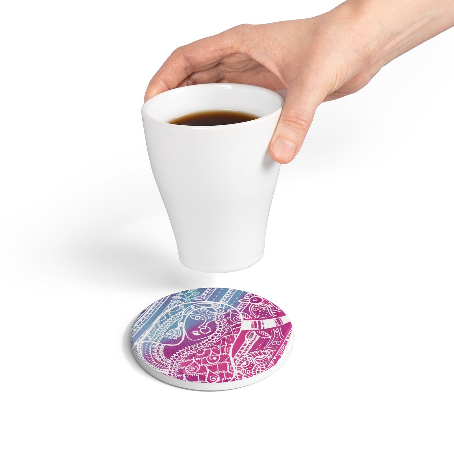 'Priyas Promise' - Madhubani Fusion |  Ceramic Coaster - Vibrant Drinkware Decor for Home & Gifts
