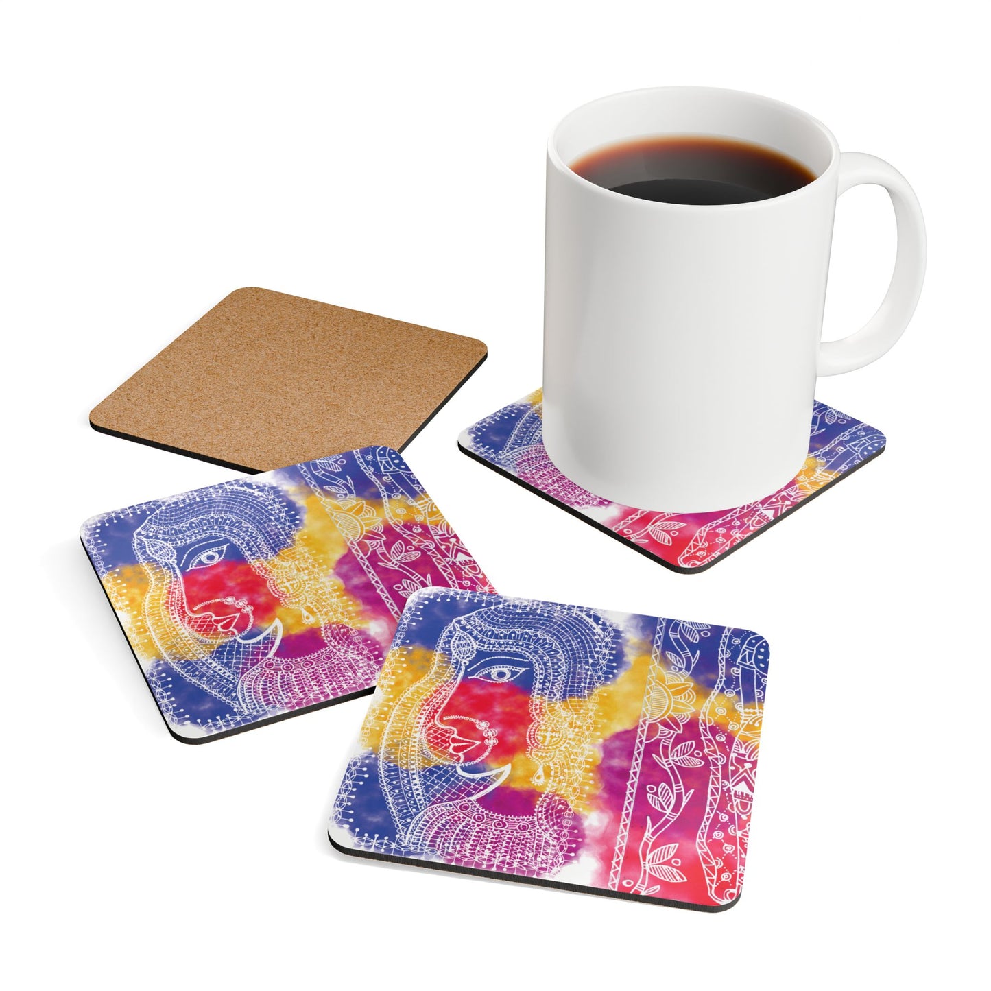 'Anayas Aura' - Madhubani Fusion | Cork Coaster Set - Rustic Home Decor & Drinkware Accessory