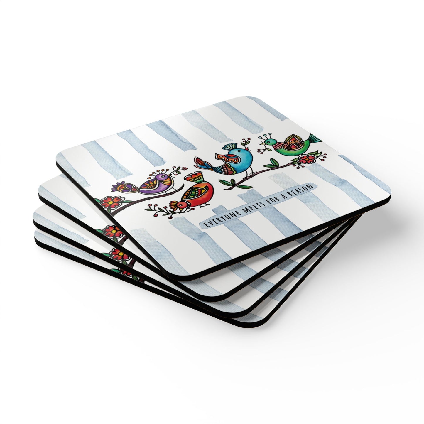 Everyone Meets for a Reason Blue |  Cork Coaster Set - Rustic Home Decor & Drinkware Accessory