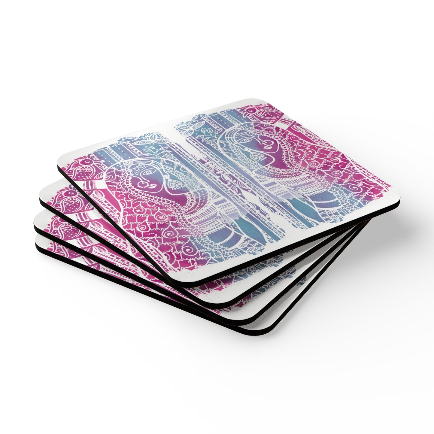 'Priyas Promise' - Madhubani Fusion|  Cork Coaster Set - Rustic Home Decor & Drinkware Accessory