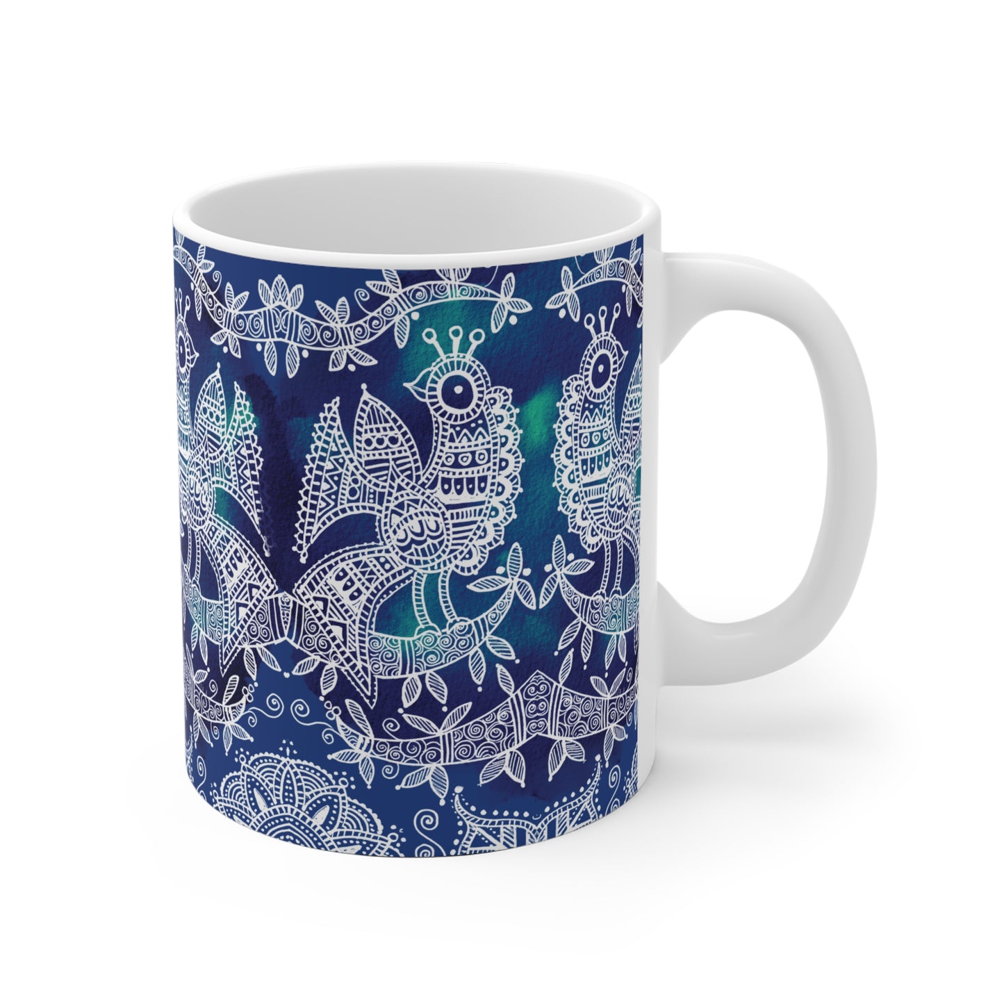 Colorful Artistic Ceramic Mug - 'Mayura Blues Majestic Birds'