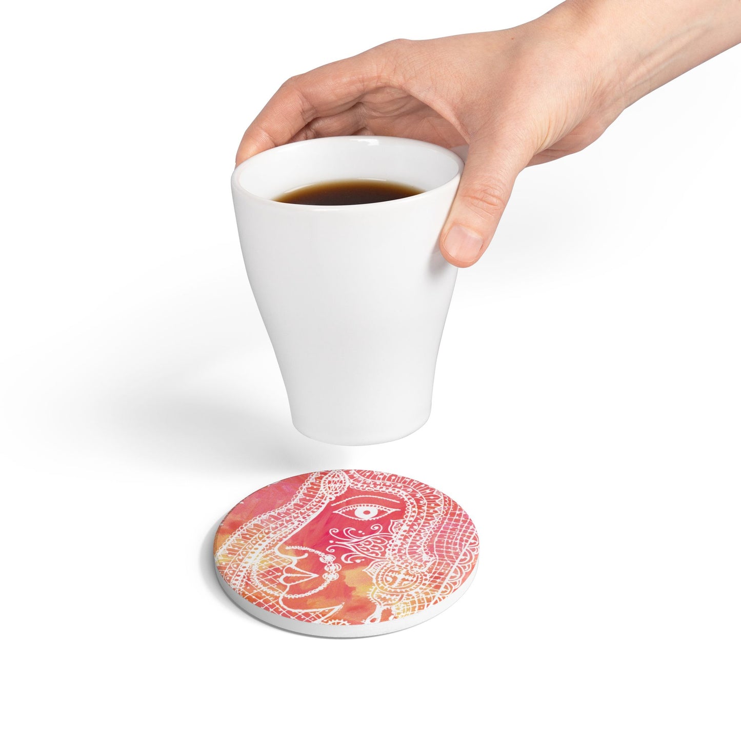 'Anayas Aura' - Madhubani Fusion |  Ceramic Coaster - Vibrant Drinkware Decor for Home & Gifts
