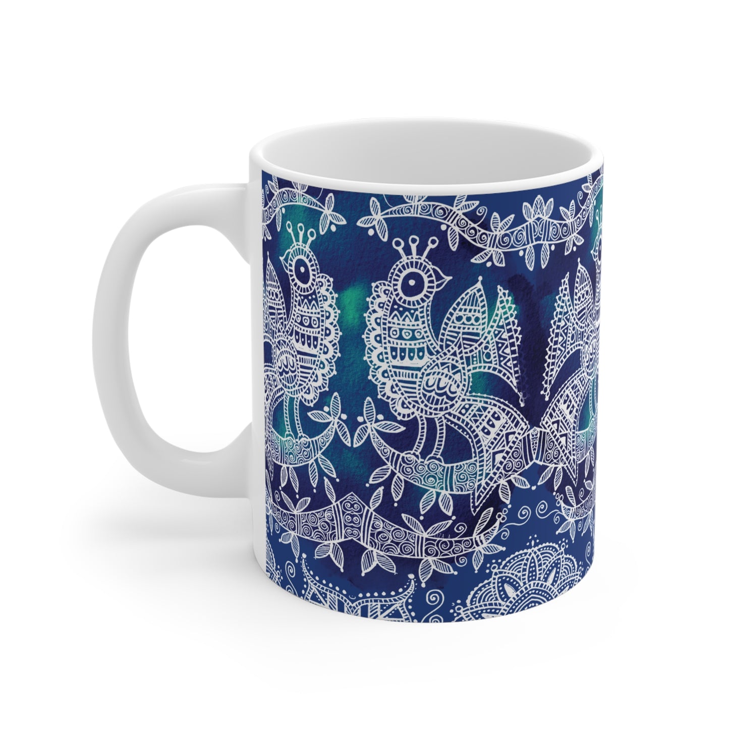 Colorful Artistic Ceramic Mug - 'Mayura Blues Majestic Birds'