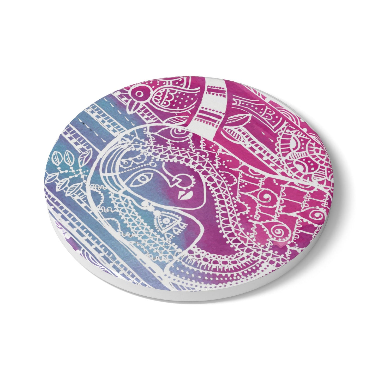 'Priyas Promise' - Madhubani Fusion |  Ceramic Coaster - Vibrant Drinkware Decor for Home & Gifts