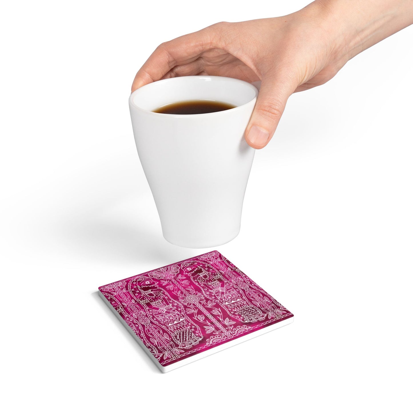 'Ramis Vibe' - Madhubani Fusion |  Ceramic Coaster - Vibrant Drinkware Decor for Home & Gifts