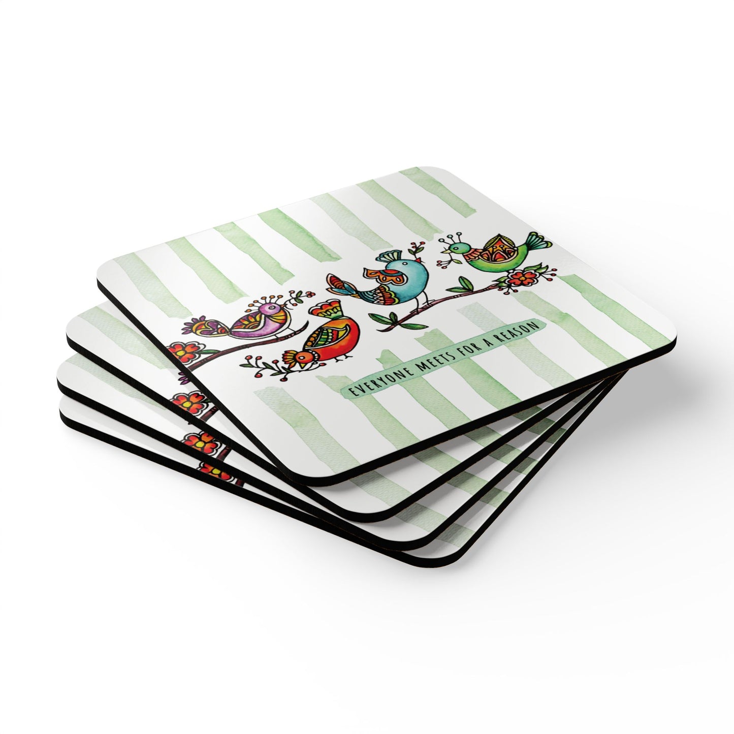 Everyone Meets for a Reason Green |  Cork Coaster Set - Rustic Home Decor & Drinkware Accessory