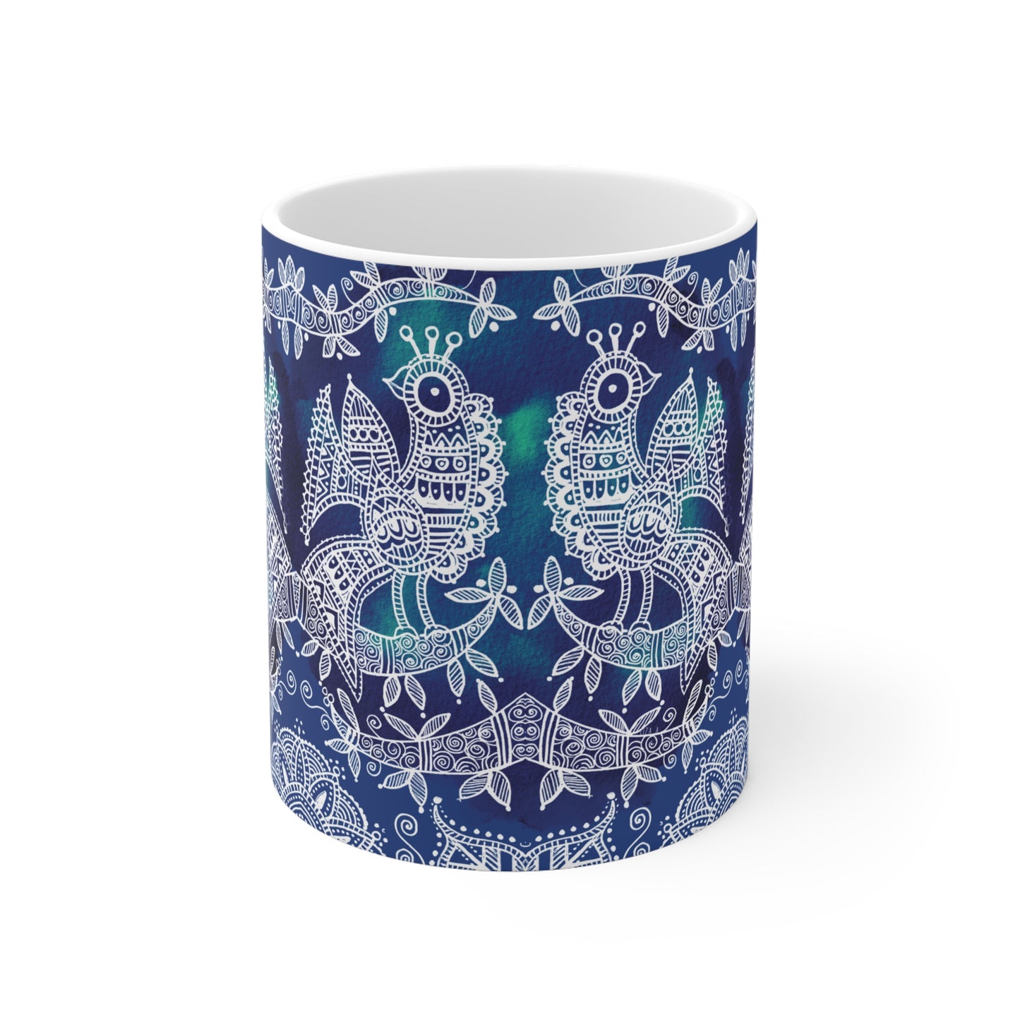 Colorful Artistic Ceramic Mug - 'Mayura Blues Majestic Birds'