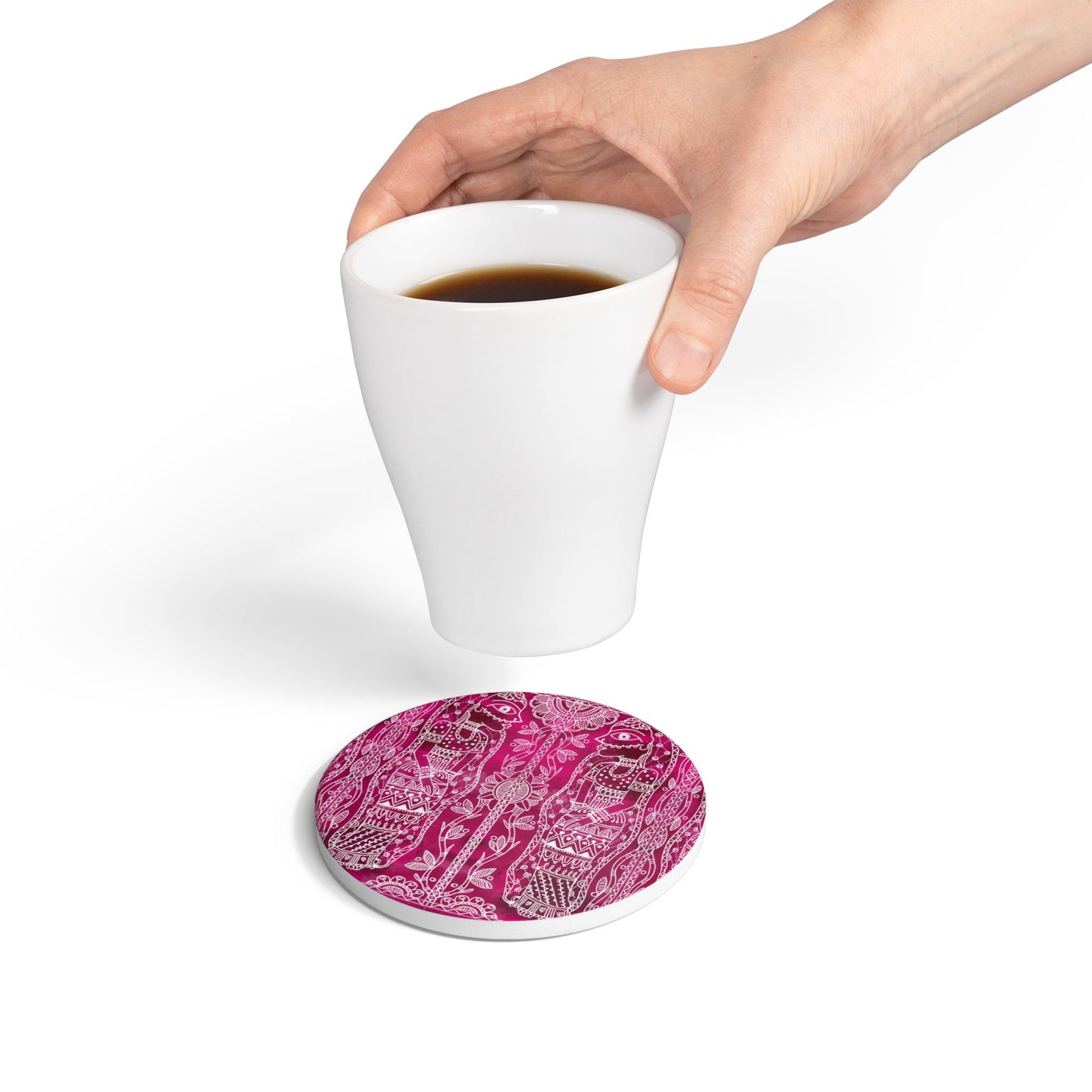 'Ramis Vibe' - Madhubani Fusion |  Ceramic Coaster - Vibrant Drinkware Decor for Home & Gifts